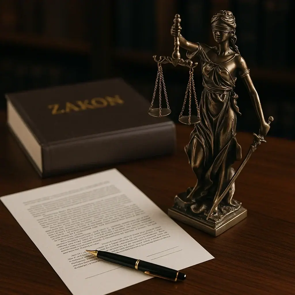 Brončana statueta Božice pravde Justitije sa zavezanim očima, vagama i mačem, u prvom planu pravni dokument s olovkom i knjiga Zakon - simboli pravnog sustava